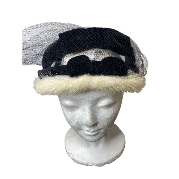 Velour black hat white mink trim and veil - Picture 3 of 6